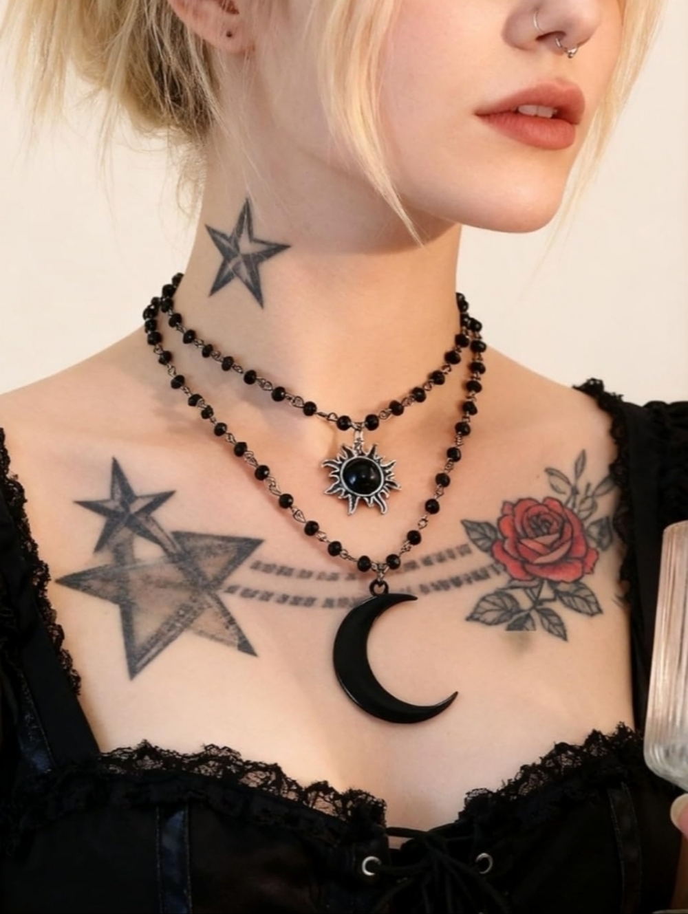 Black Gothic Crescent Moon & Sun Beaded Necklace Set